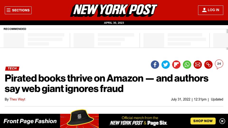 Screenshot of nypost.com: Pirated books thrive on Amazon