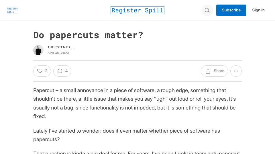 Screenshot of registerspill.thorstenball.com: Do Papercuts Matter?