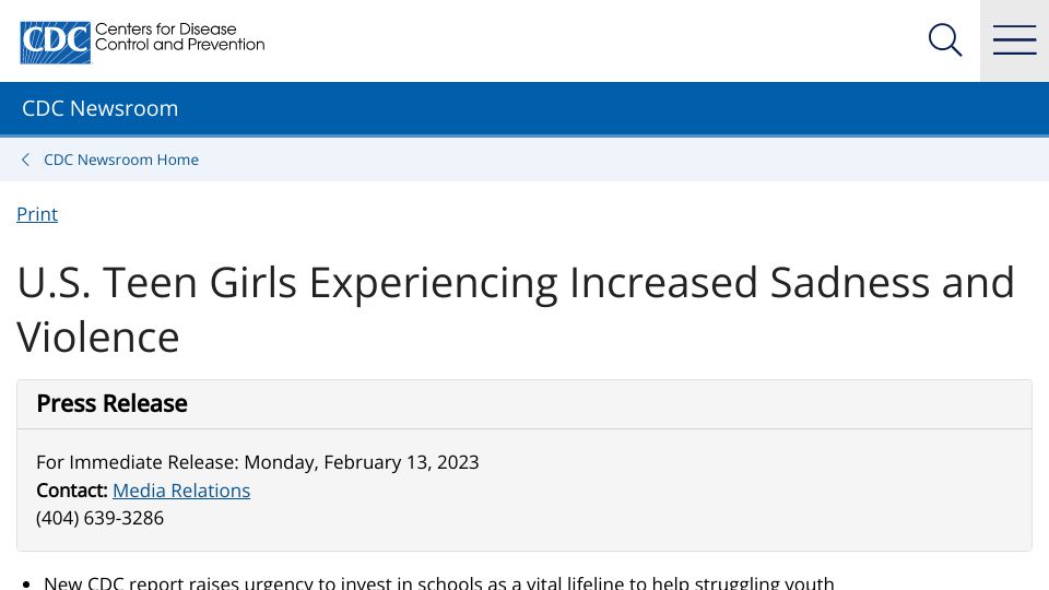 Screenshot of cdc.gov: U.S. Teen Girls Experiencing Increased Sadness and Violence