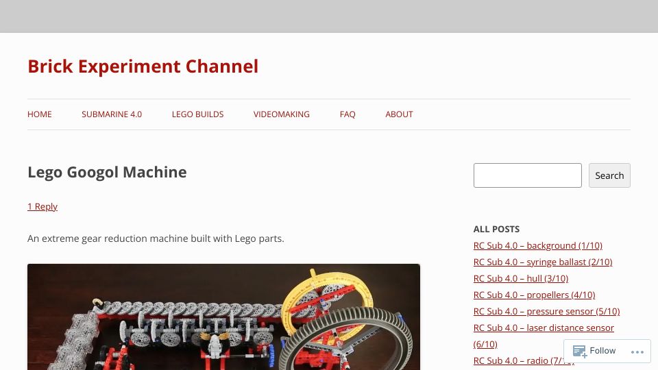 Screenshot of brickexperimentchannel.wordpress.com: Lego Googol Machine