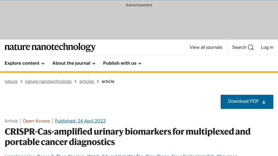 Screenshot of nature.com: CRISPR-Cas-amplified urinary biomarkers for cancer diagnostics