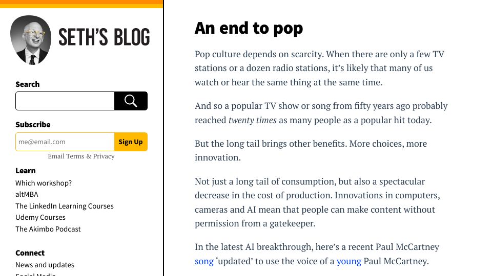 Screenshot of seths.blog: An End to Pop