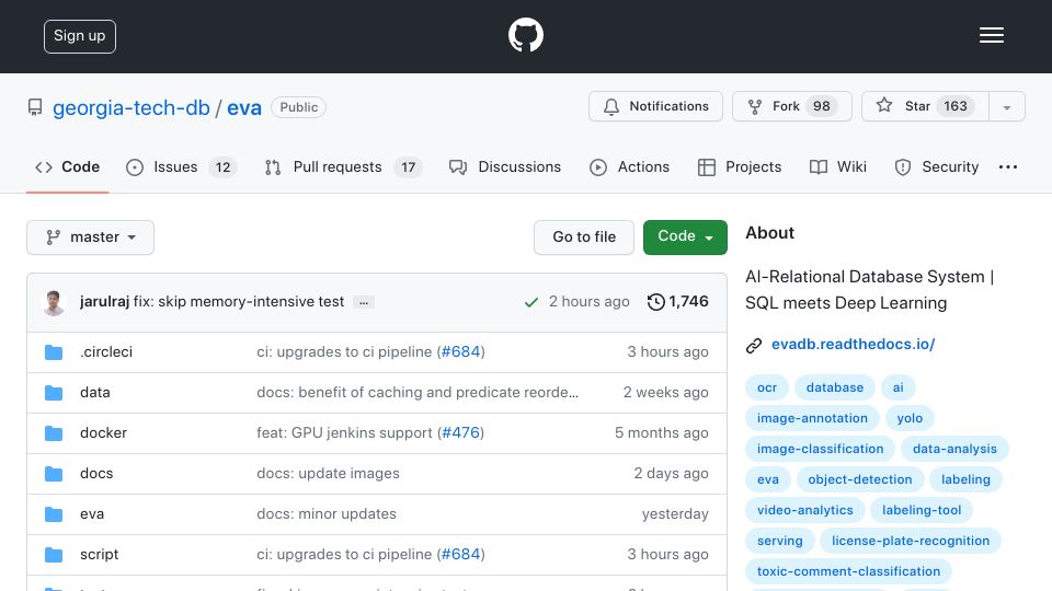 Screenshot of github.com: Show HN: EVA – AI-Relational Database System