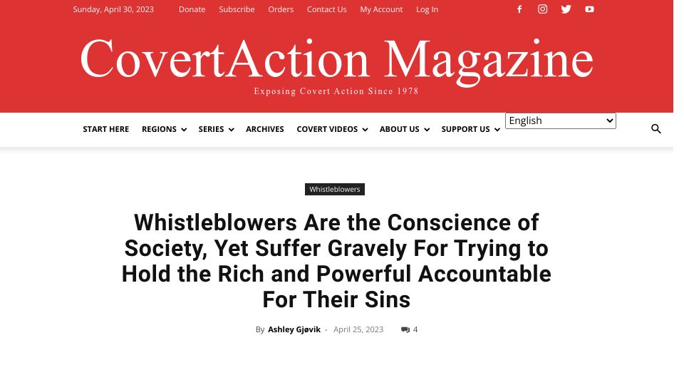 Screenshot of covertactionmagazine.com: Whistleblowers are the conscience of society, yet suffer gravely