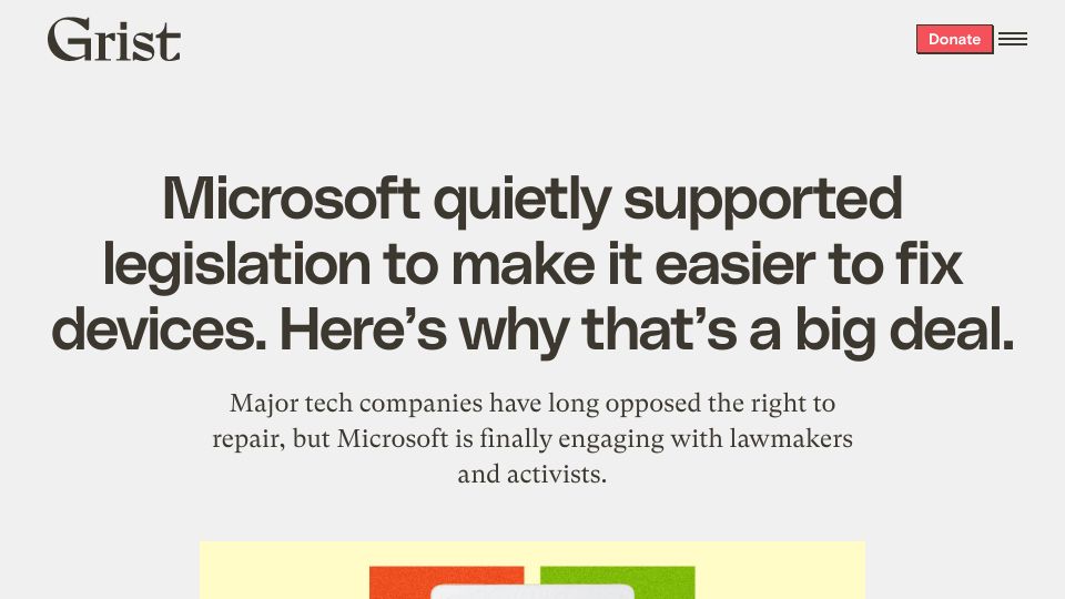 Screenshot of grist.org: Microsoft quietly supported legislation to make it easier to fix devices