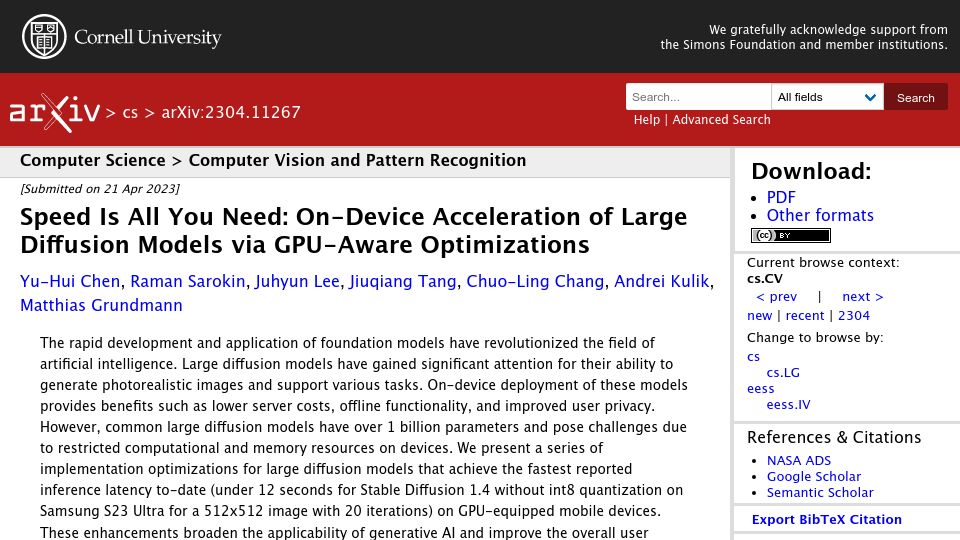 Screenshot of arxiv.org: Speed Is All You Need: On-Device Acceleration of Large Diffusion Models