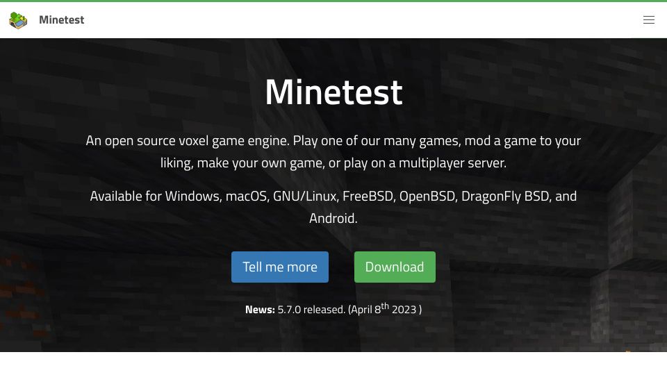 Screenshot of minetest.net: Minetest: An open source voxel game engine