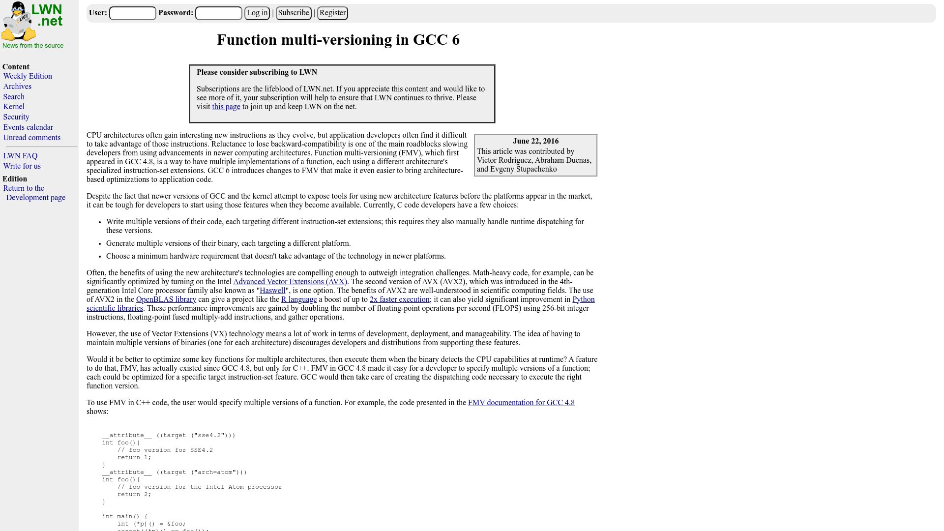 Screenshot of lwn.net: Function multi-versioning in GCC 6 (2016)