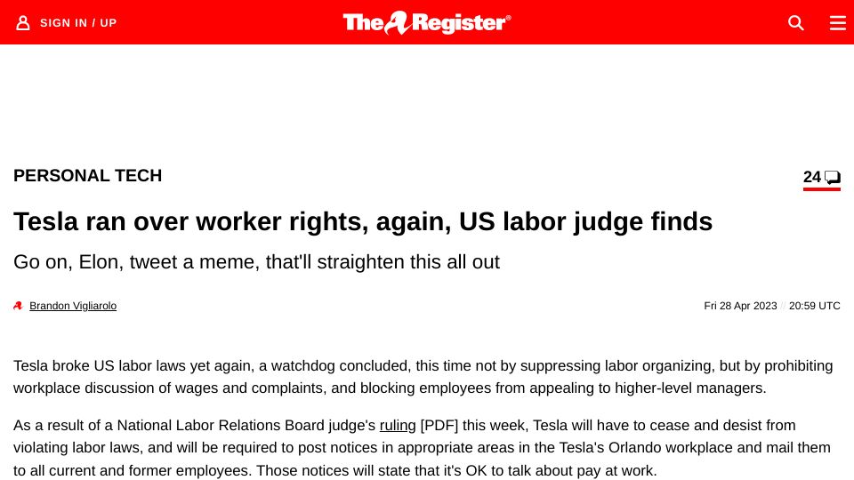 Screenshot of theregister.com: Tesla ran over worker rights, again, US labor judge finds