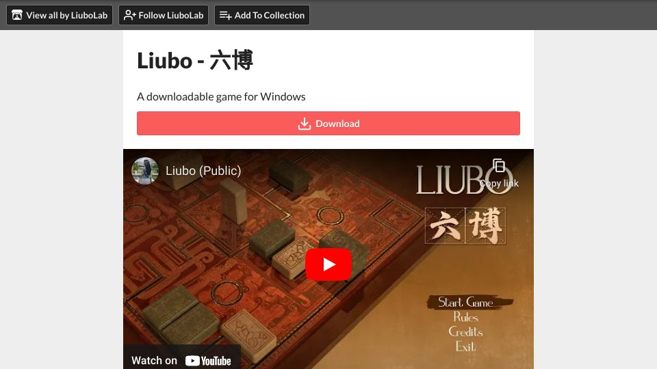 Screenshot of liubolab.itch.io: Liubo: Ancient Chinese board game originally played from about 500 BCE to 500 CE