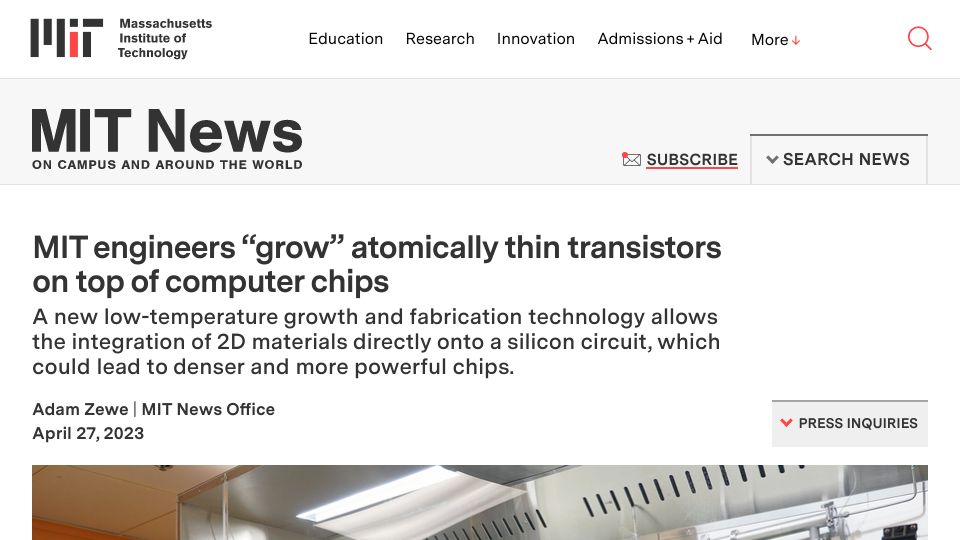 Screenshot of news.mit.edu: MIT engineers “grow” atomically thin transistors on top of computer chips
