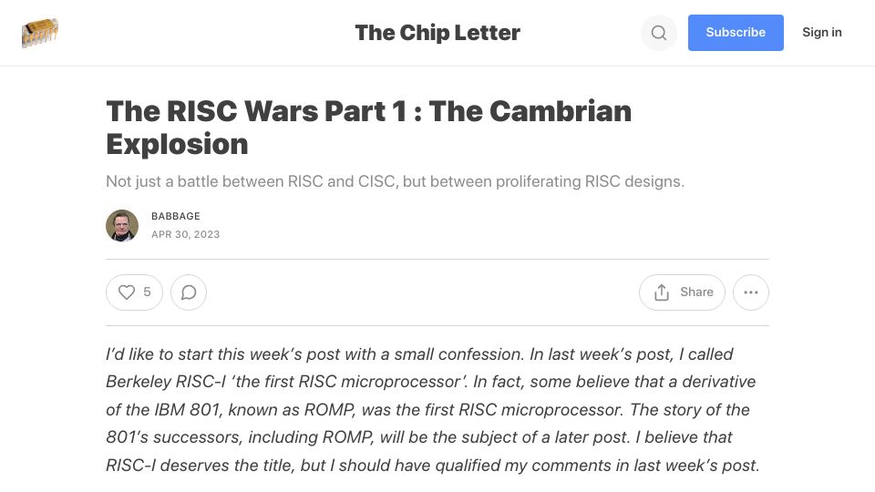 Screenshot of thechipletter.substack.com: The RISC Wars Part 1: The Cambrian Explosion