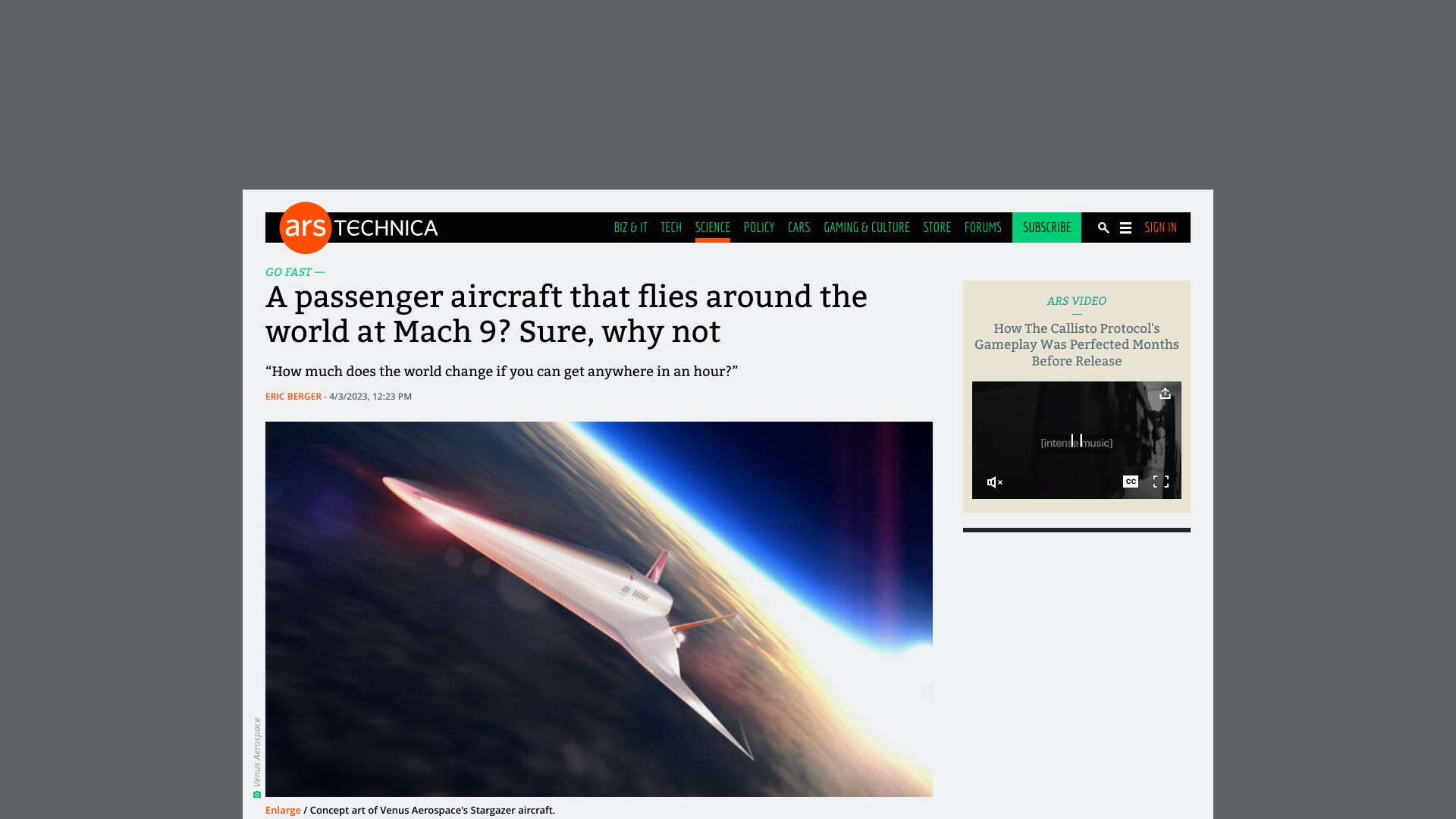 Screenshot of arstechnica.com: A passenger aircraft that flies around the world at Mach 9? Sure, why not