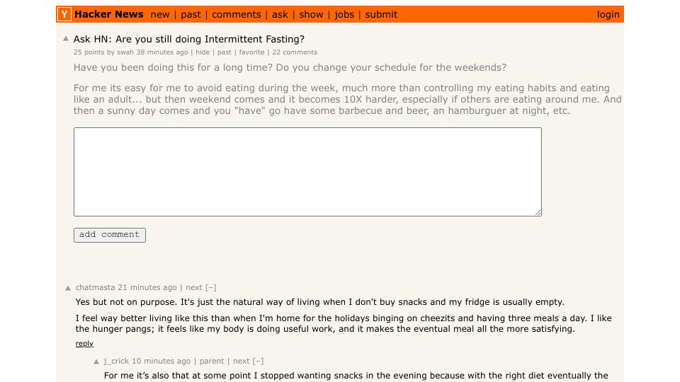 Screenshot of Hacker News post: Ask HN: Are you still doing Intermittent Fasting?