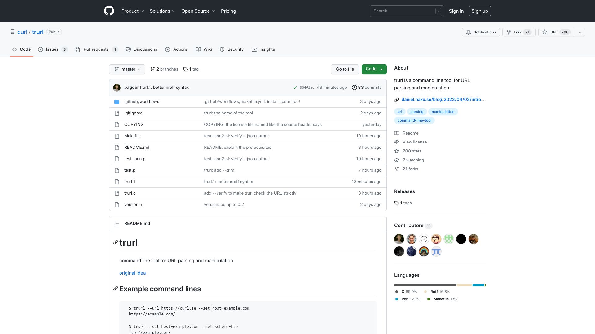 Screenshot of github.com: New tool from curl creator – trurl – for URL parsing and manipulation