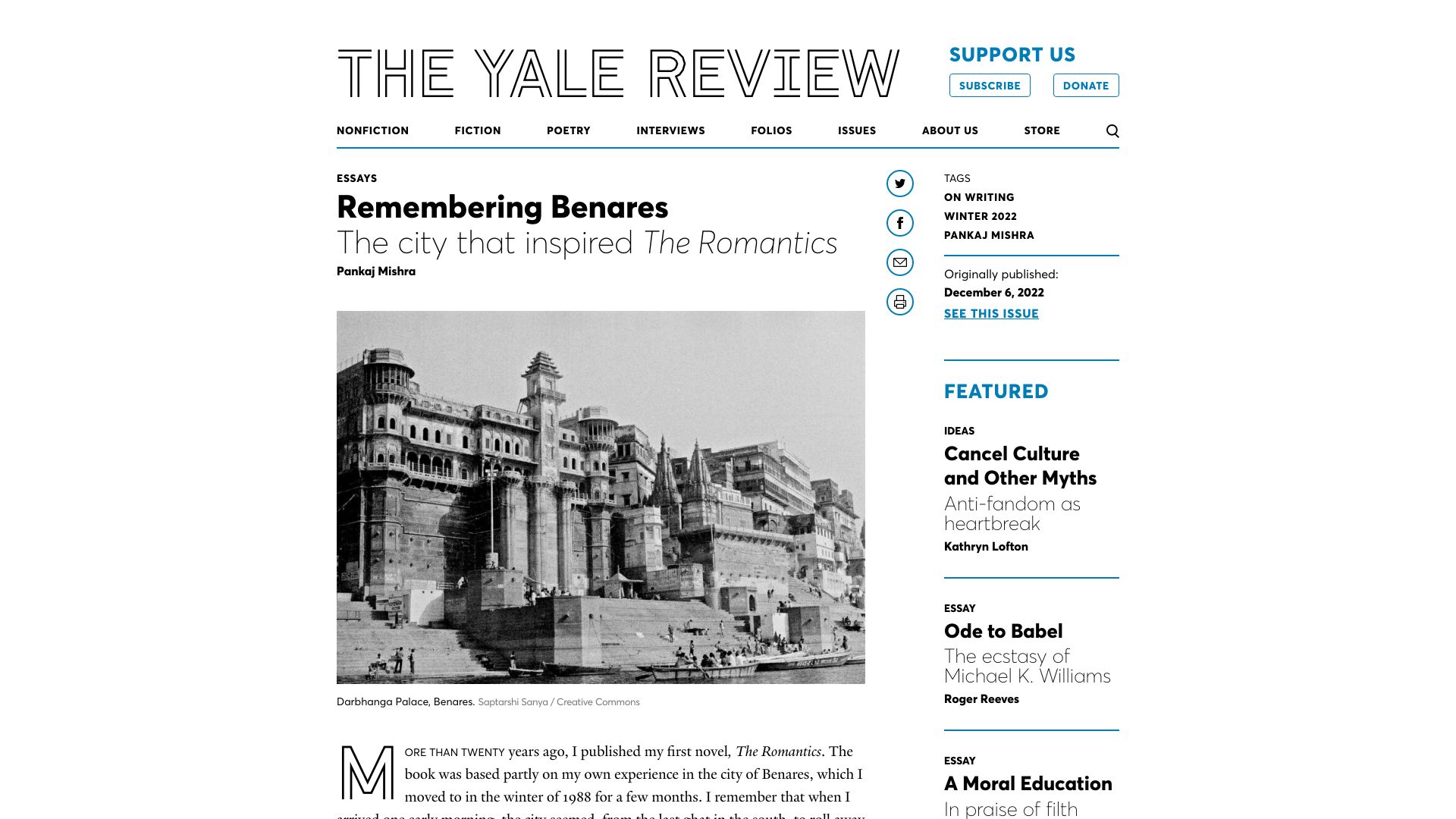 Screenshot of yalereview.org: Remembering Benares
