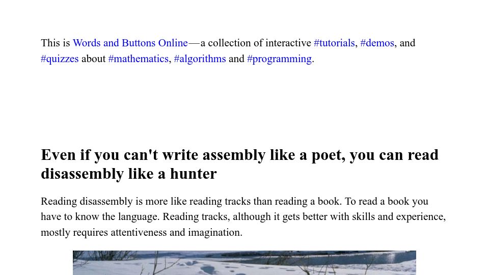 Screenshot of wordsandbuttons.online: Even if you can't write assembly, you can read disassembly