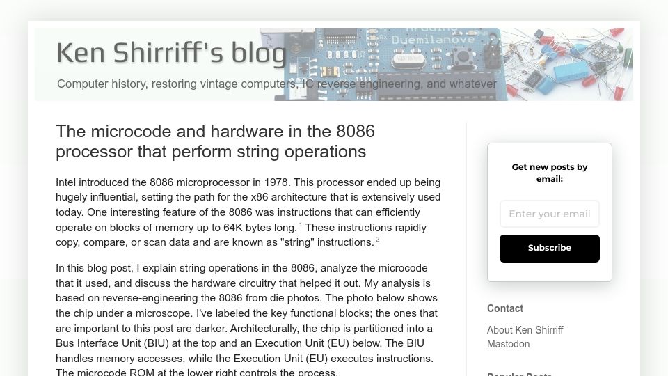 Screenshot of righto.com: The microcode and hardware in the 8086 processor that perform string operations