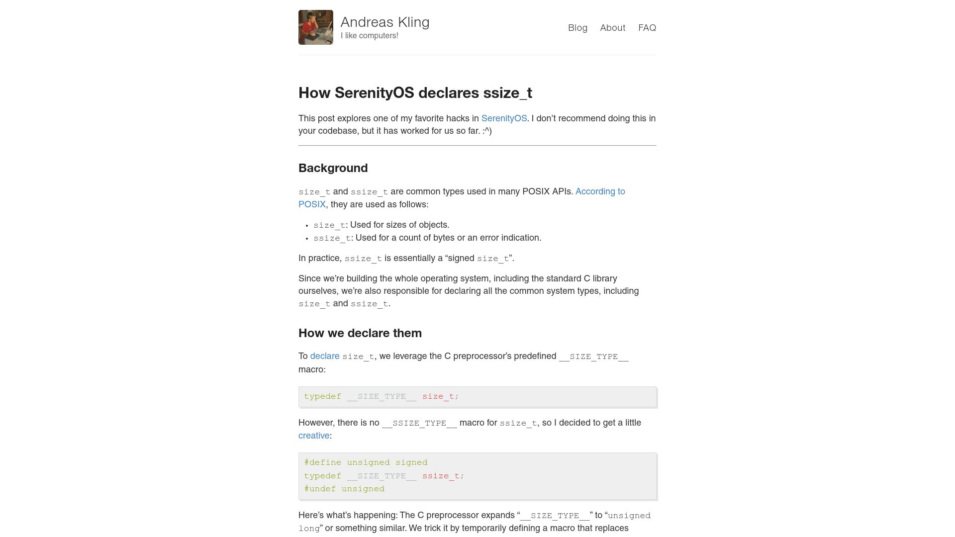 Screenshot of awesomekling.github.io: How SerenityOS declares ssize_t