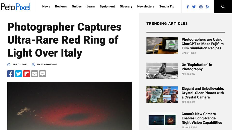 Screenshot of petapixel.com: Photographer captures ultra-rare red ring of light over Italy