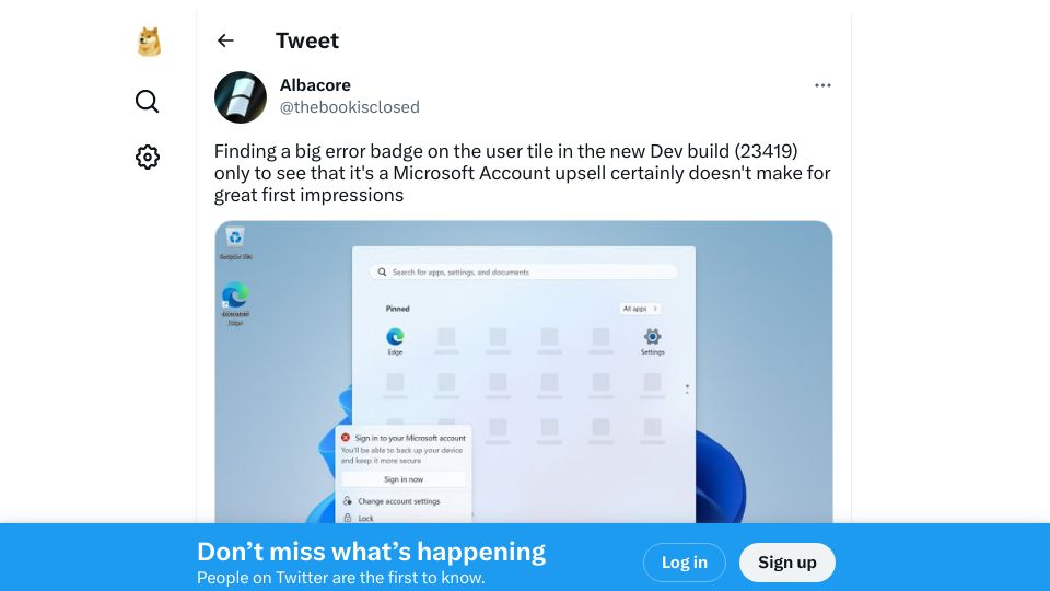 Screenshot of twitter.com: Microsoft tests Windows account menu error badge when Microsoft Account not used