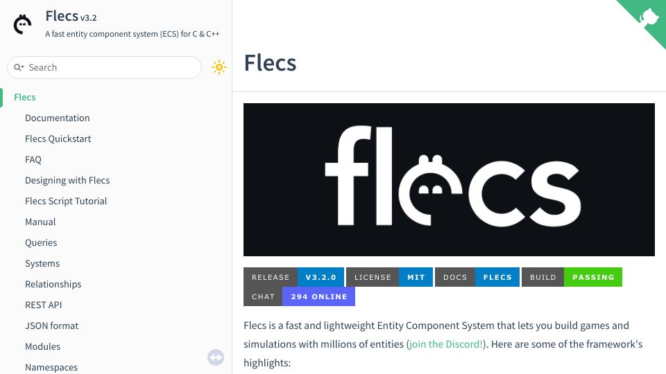 Screenshot of flecs.dev: Flecs – A fast entity component system for C and C++