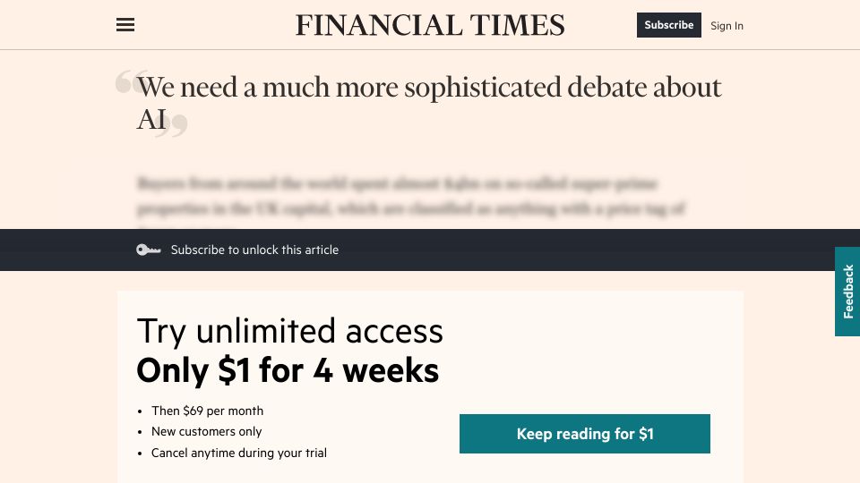 Screenshot of ft.com: We need a more sophisticated debate about AI