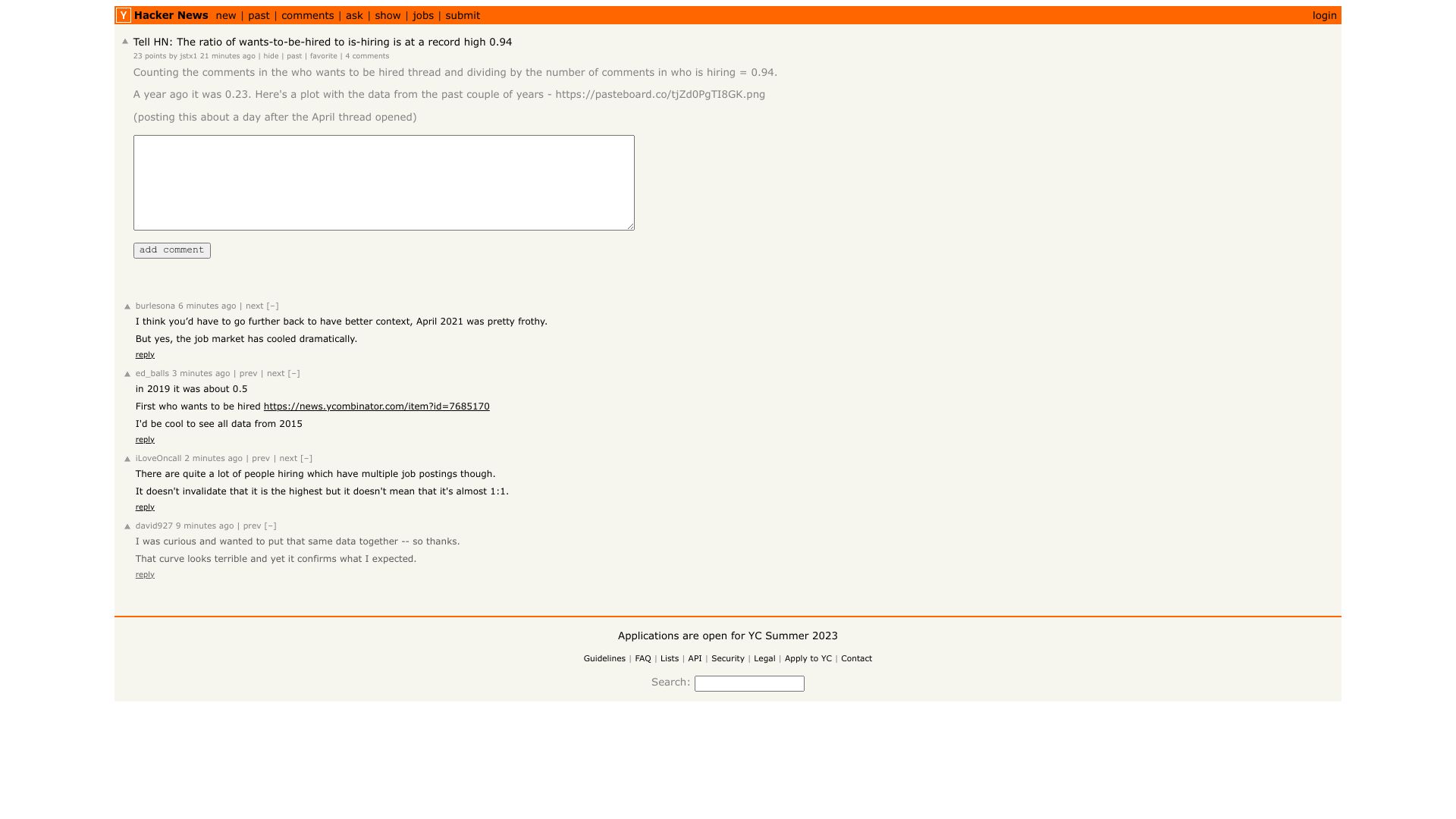 Screenshot of this Hacker News post: Tell HN: The ratio of wants-to-be-hired to is-hiring is at a record high 0.94