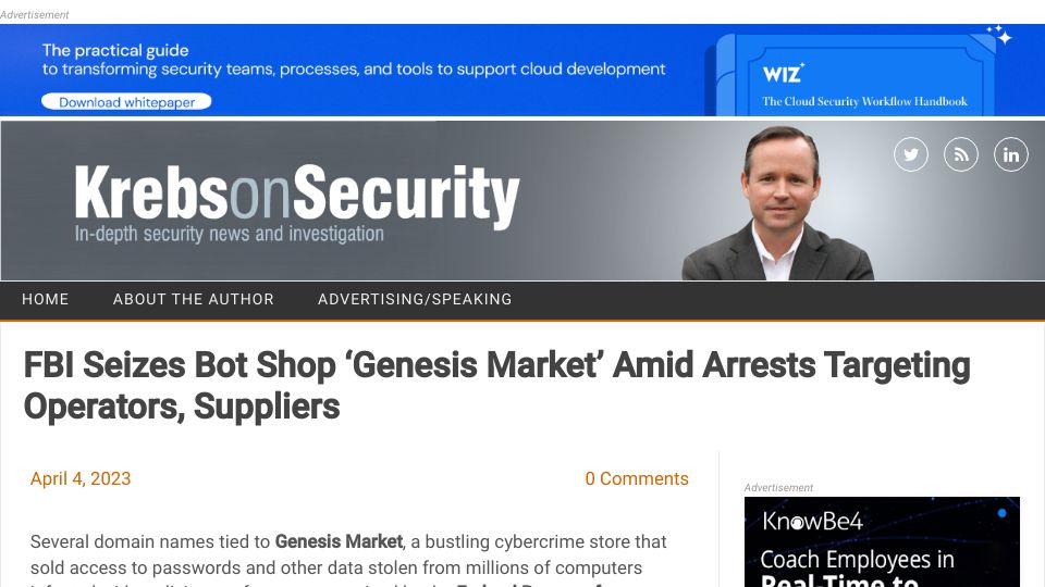 Screenshot of krebsonsecurity.com: FBI seizes bot shop ‘Genesis Market’ amid arrests targeting operators, suppliers