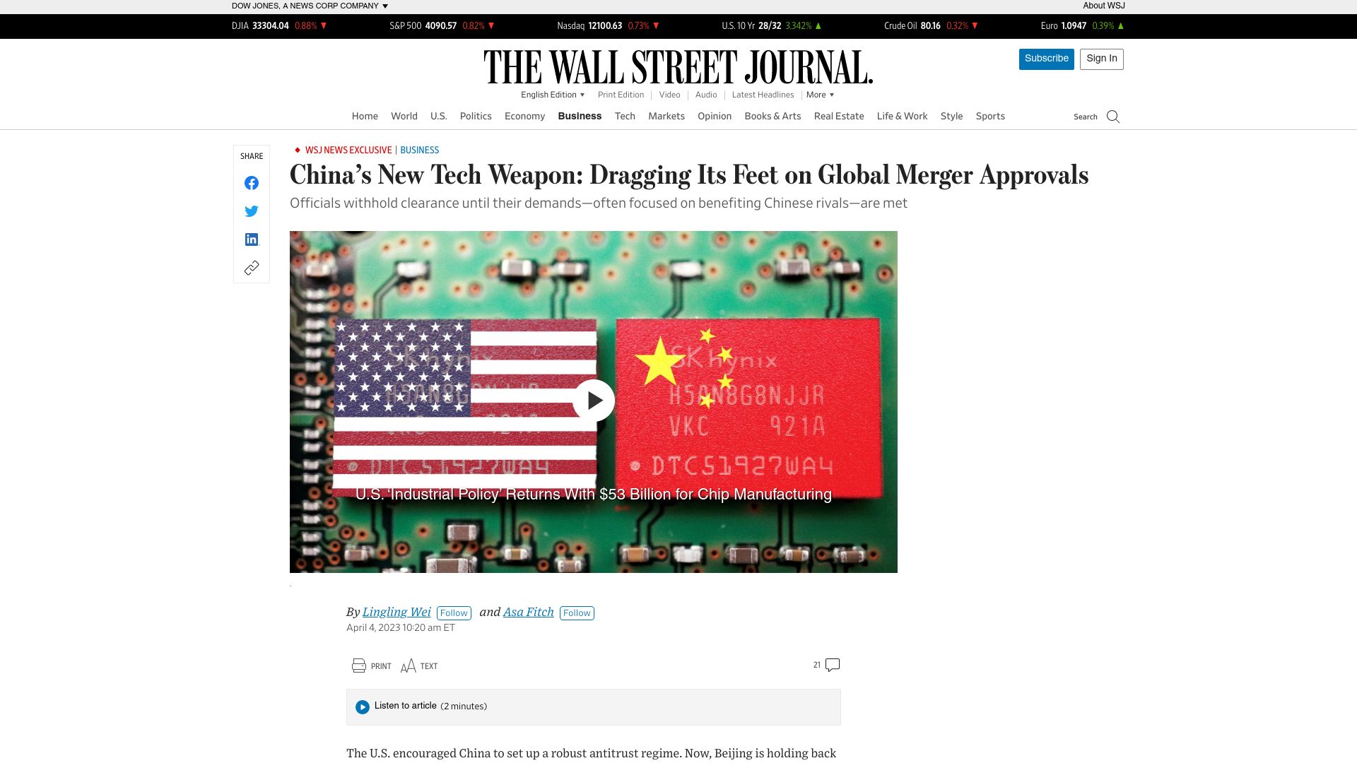 Screenshot of wsj.com: China's tech weapon: Delay mergers for leverage, aid rivals