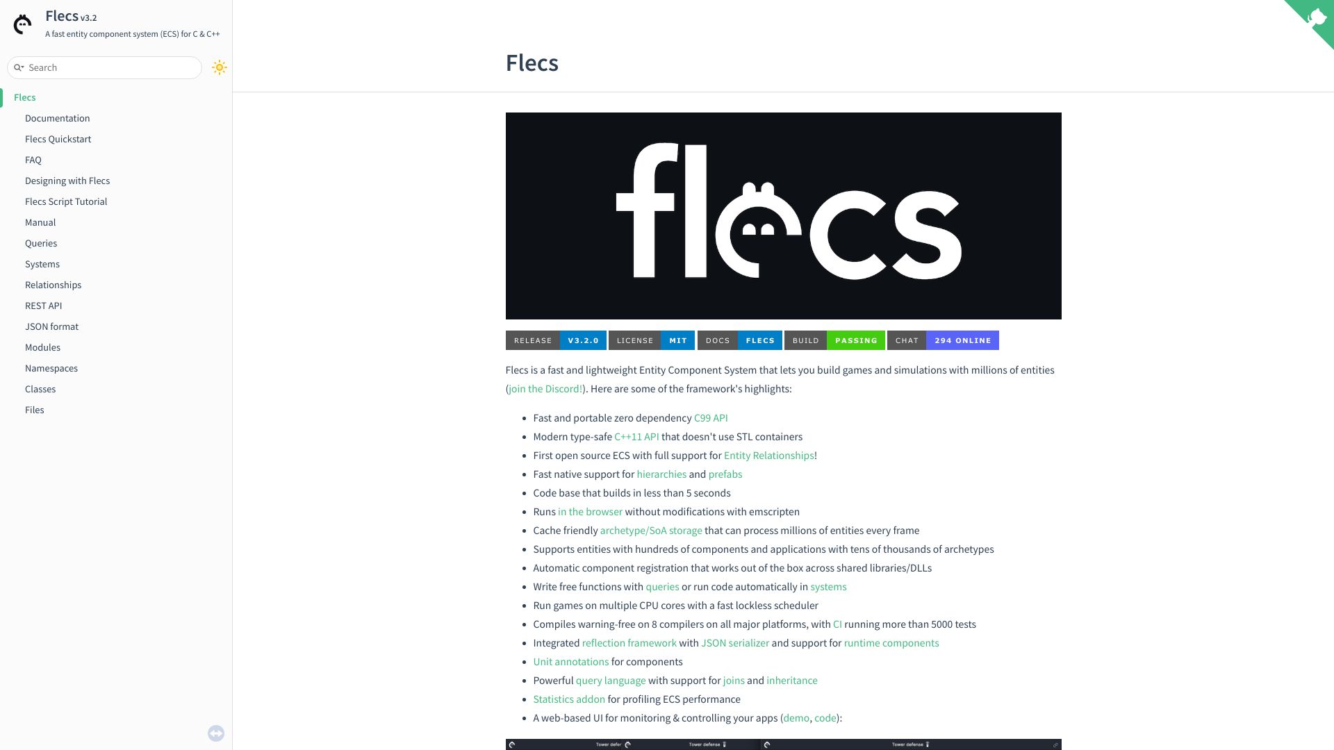 Screenshot of flecs.dev: Flecs – A fast entity component system for C and C++