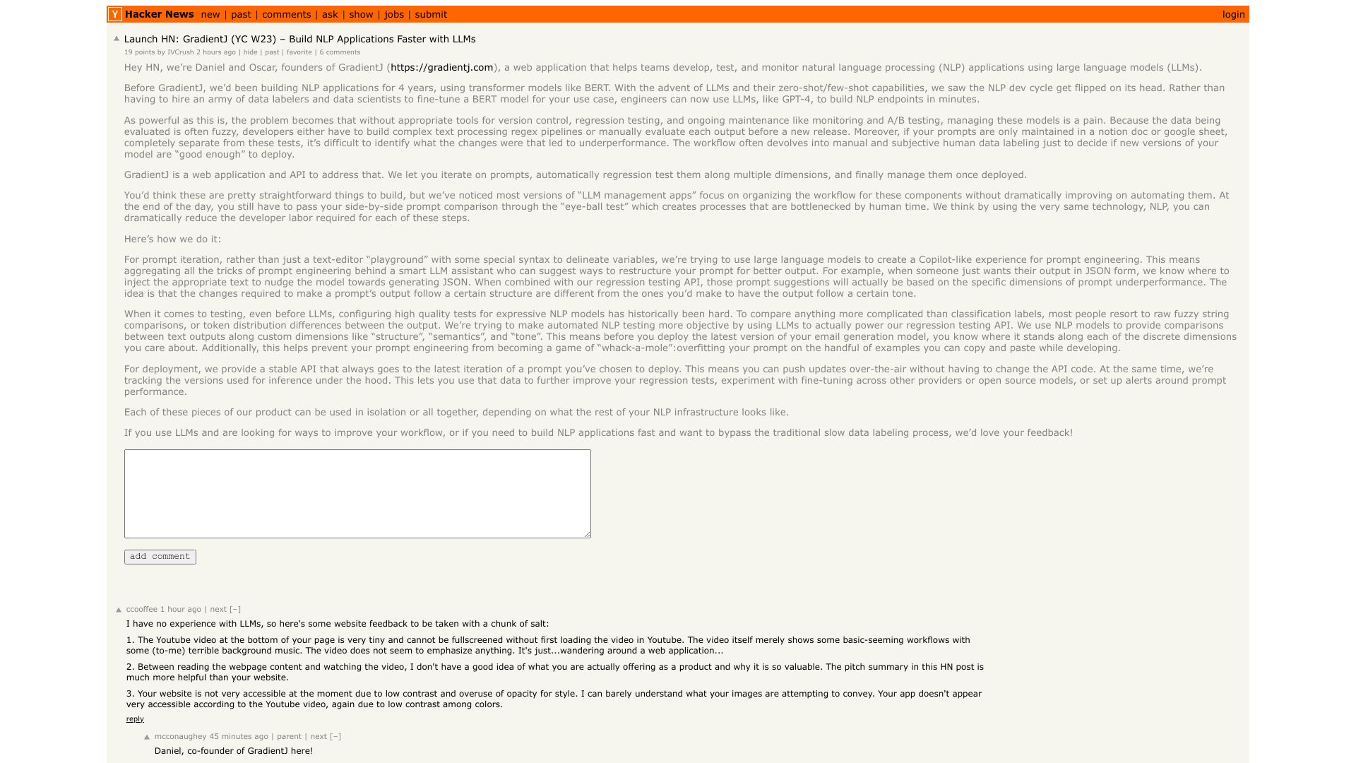 Screenshot of this Hacker News post: Launch HN: GradientJ (YC W23) – Build NLP Applications Faster with LLMs