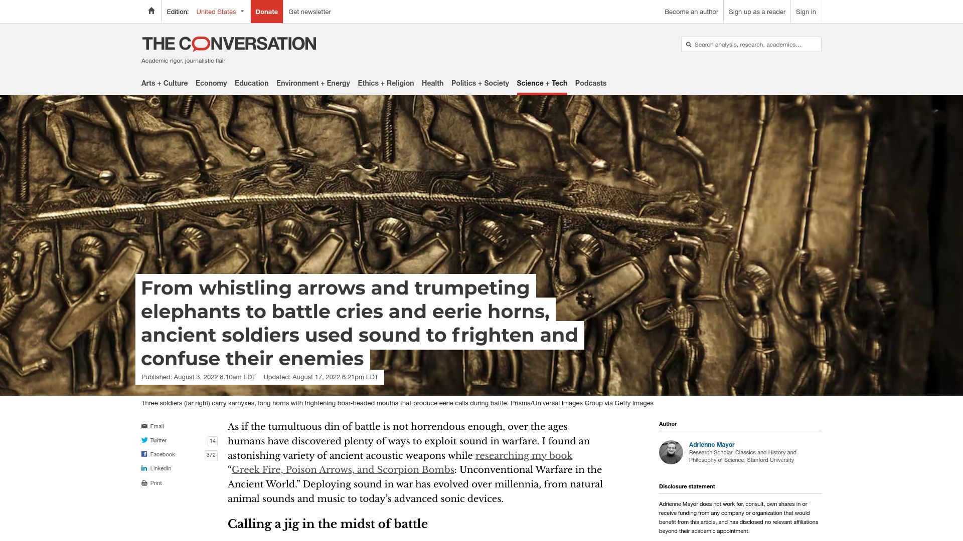 Screenshot of theconversation.com: Ancient soldiers used sound to frighten and confuse their enemies (2022)