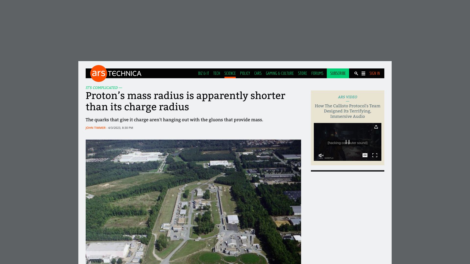 Screenshot of arstechnica.com: Proton’s mass radius is apparently shorter than its charge radius