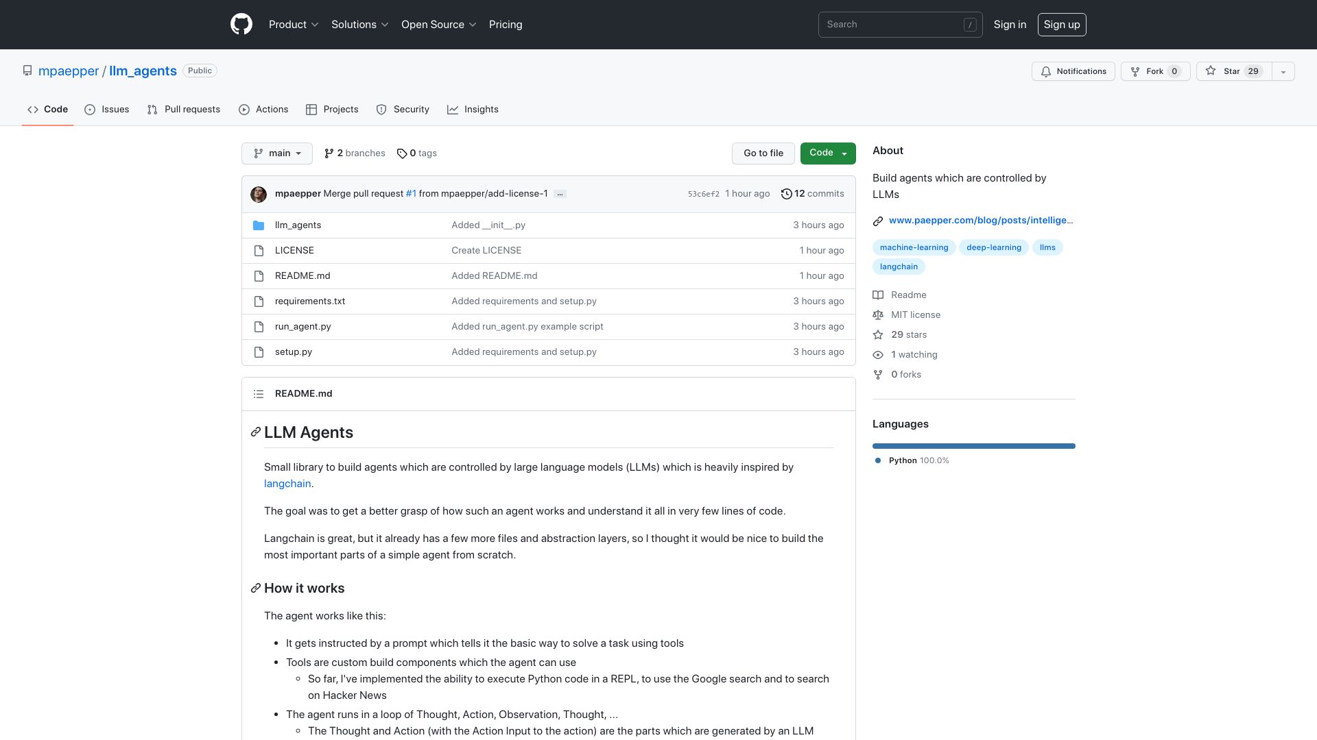 Screenshot of github.com: Build your own agents which are controlled by LLMs