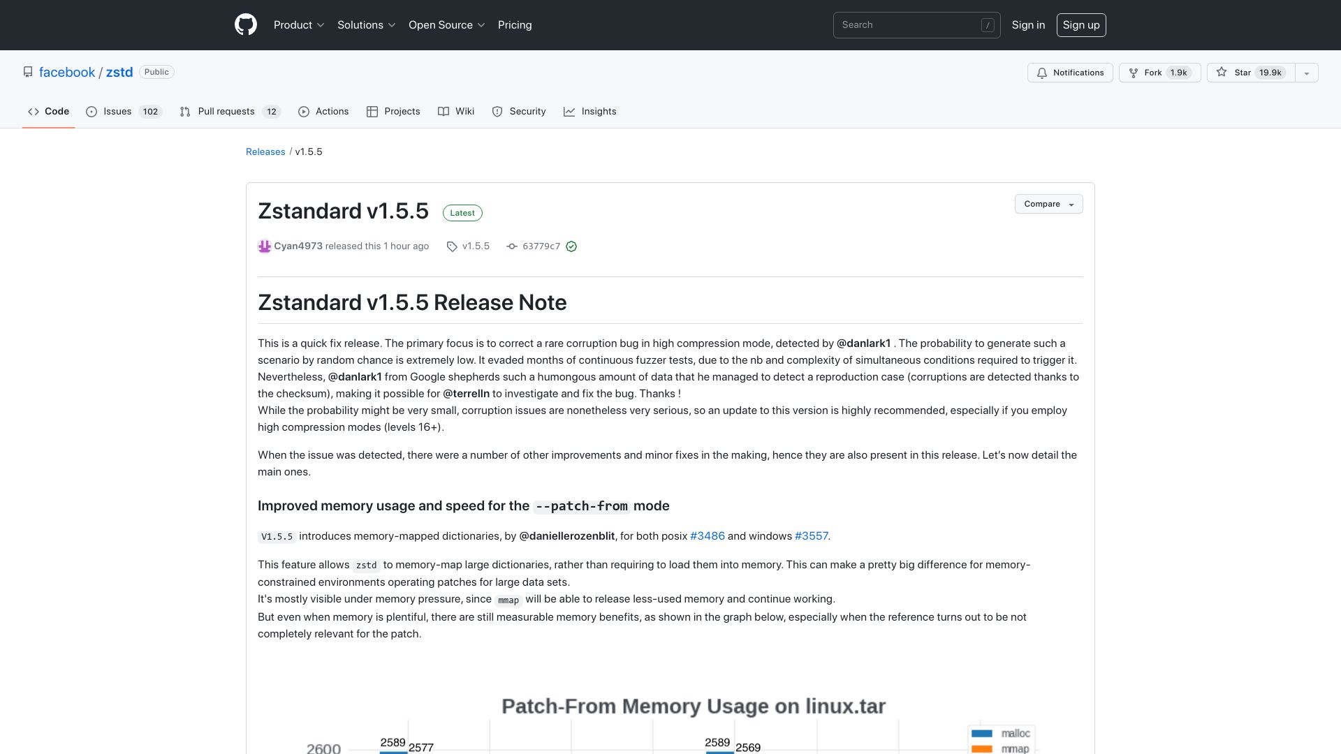Screenshot of github.com: ZSTD 1.5.5 is released with a corruption fix found at Google