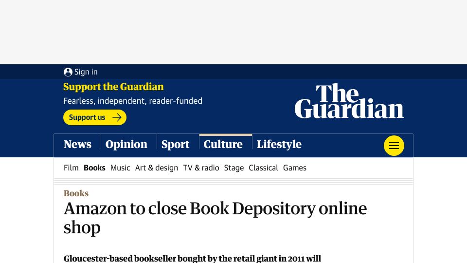 Screenshot of theguardian.com: Amazon to close Book Depository online shop