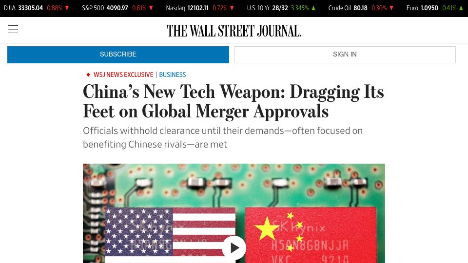 Screenshot of wsj.com: China's tech weapon: Delay mergers for leverage, aid rivals