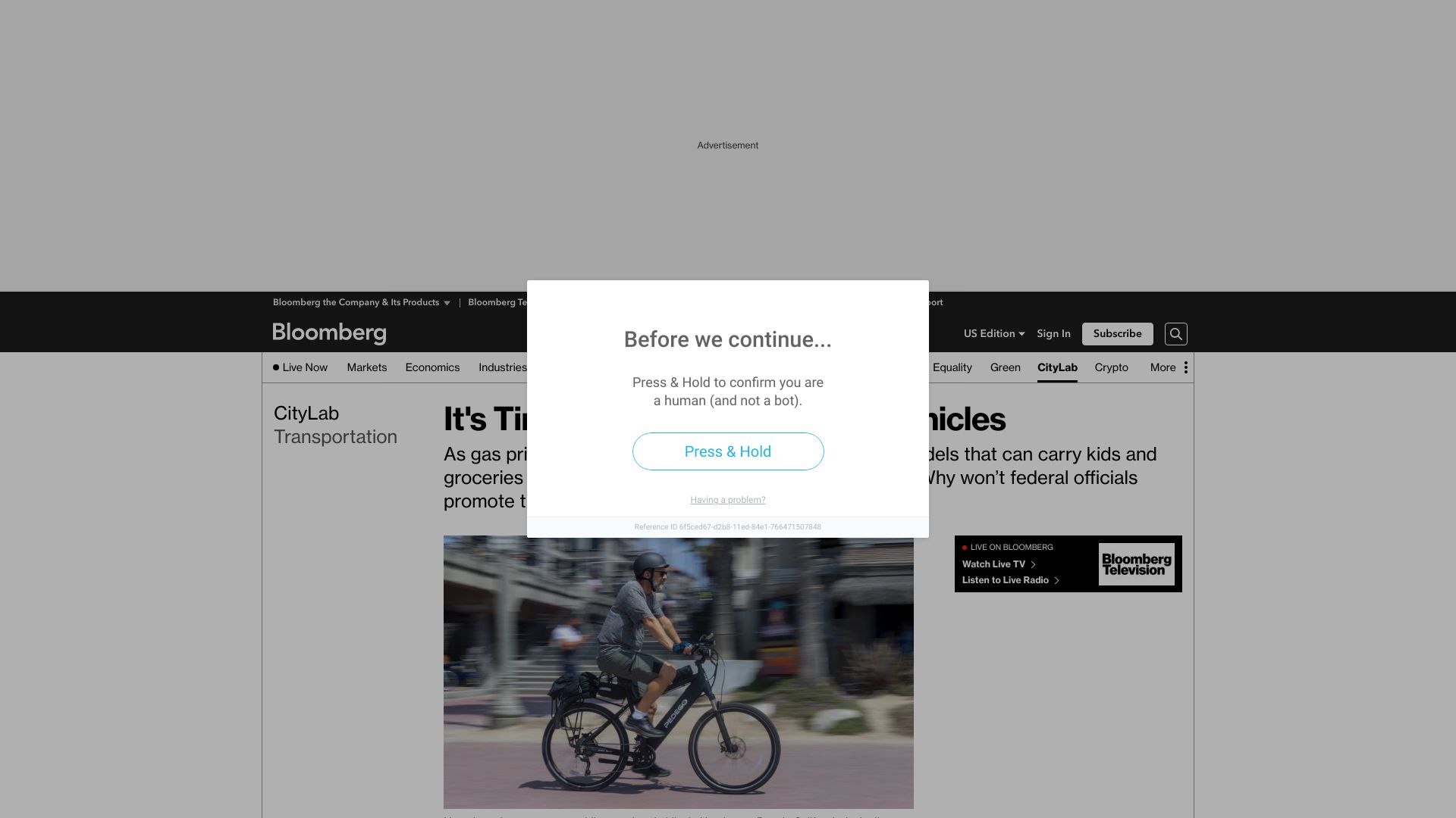 Screenshot of bloomberg.com: The electric vehicles we need now are e-bikes (2022)