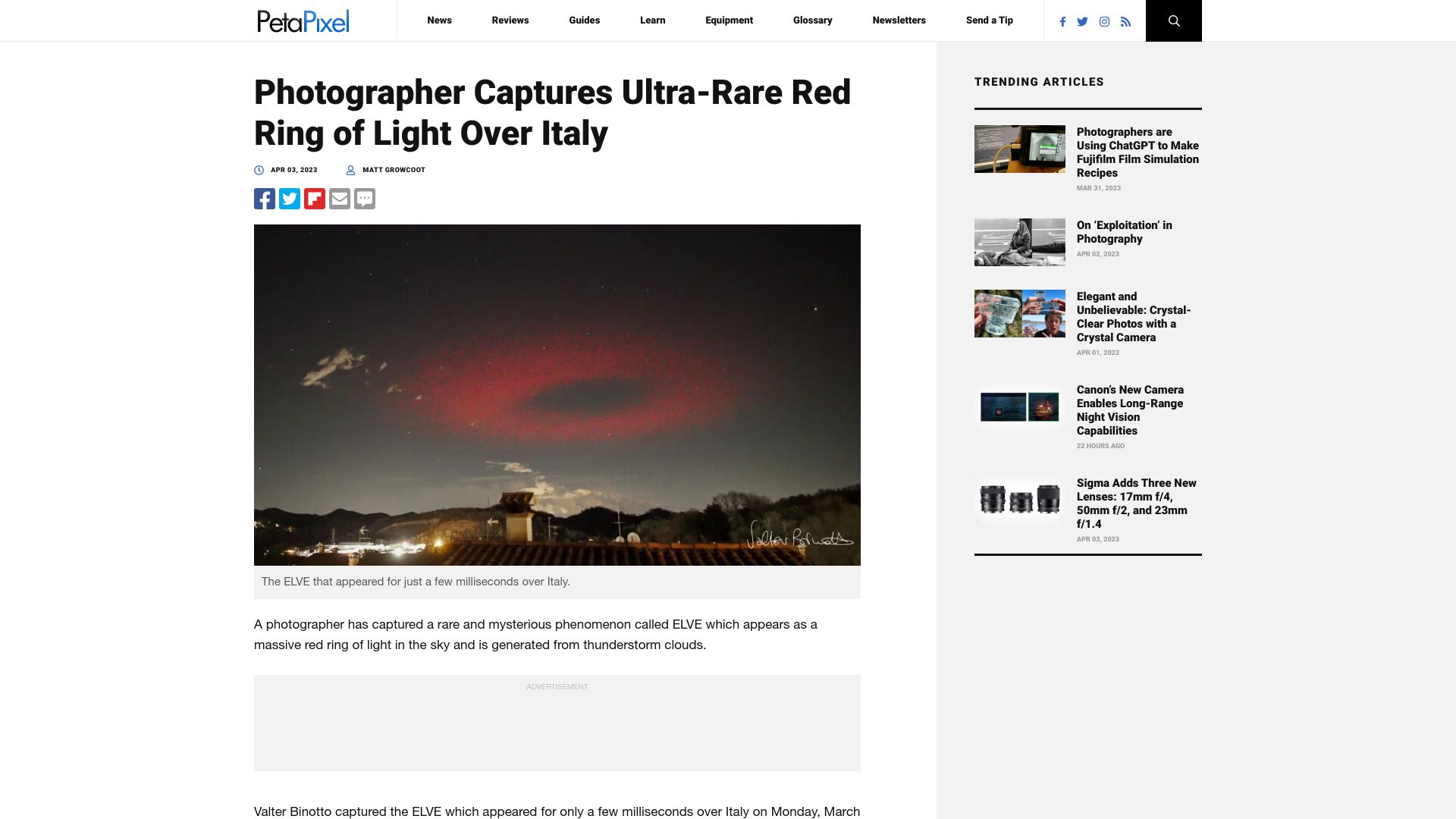 Screenshot of petapixel.com: Photographer captures ultra-rare red ring of light over Italy