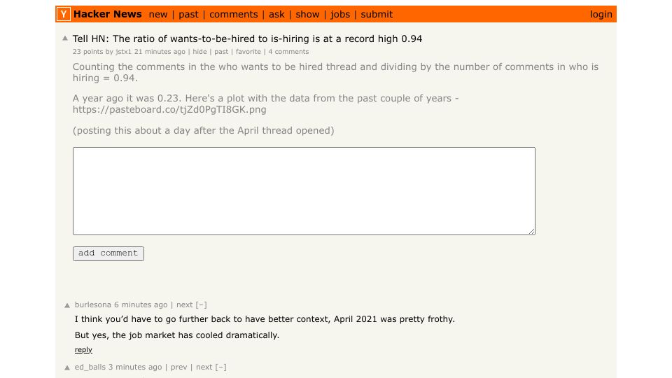 Screenshot of Hacker News post: Tell HN: The ratio of wants-to-be-hired to is-hiring is at a record high 0.94
