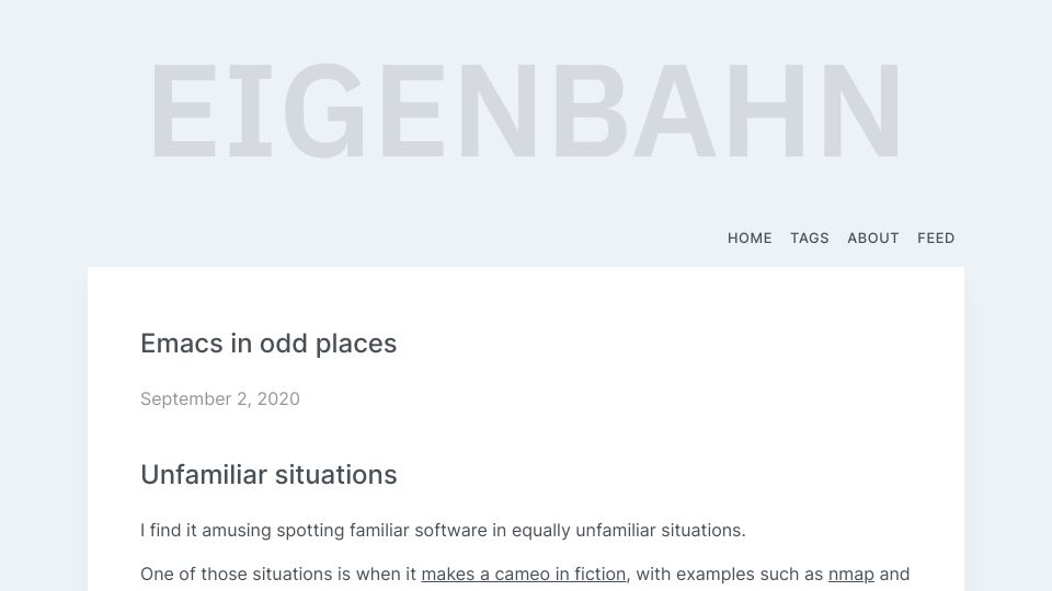 Screenshot of eigenbahn.com: Emacs in Odd Places (2020)
