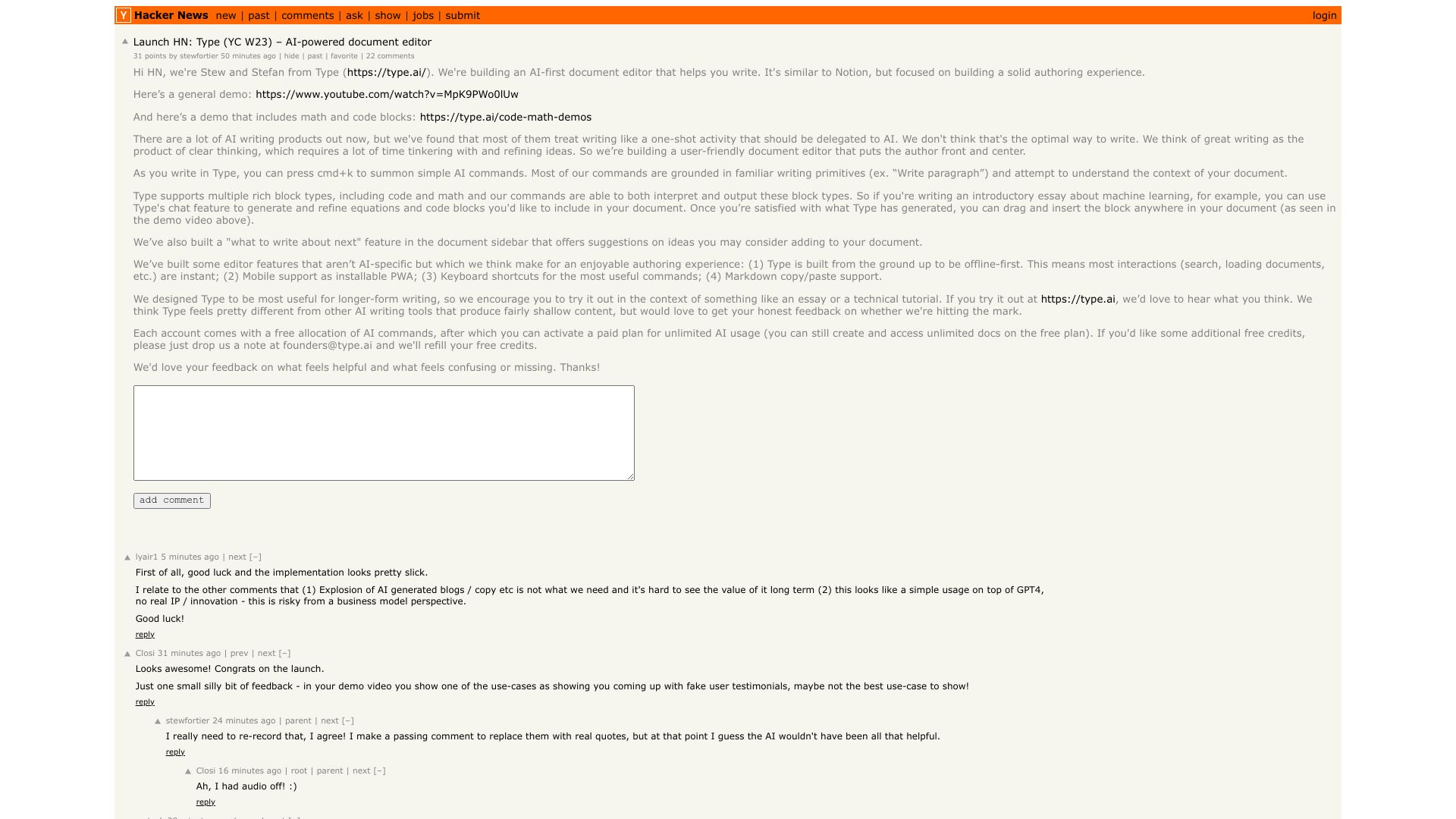 Screenshot of this Hacker News post: Launch HN: Type (YC W23) – AI-powered document editor