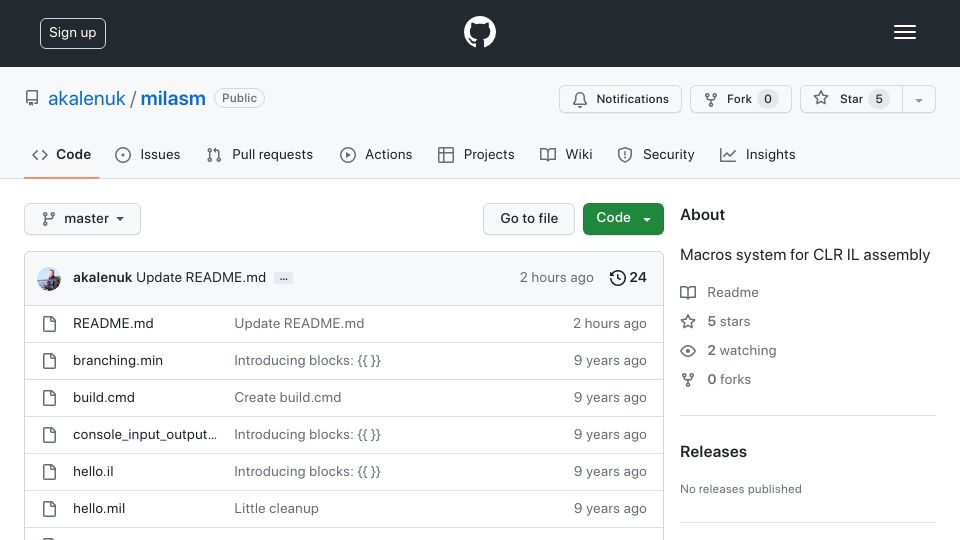 Screenshot of github.com: Show HN: A readable macroassembler that no one asked for