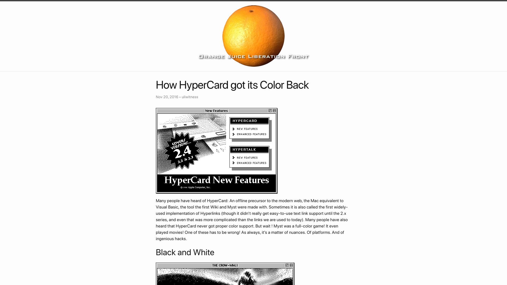 Screenshot of orangejuiceliberationfront.com: How HyperCard got its color back