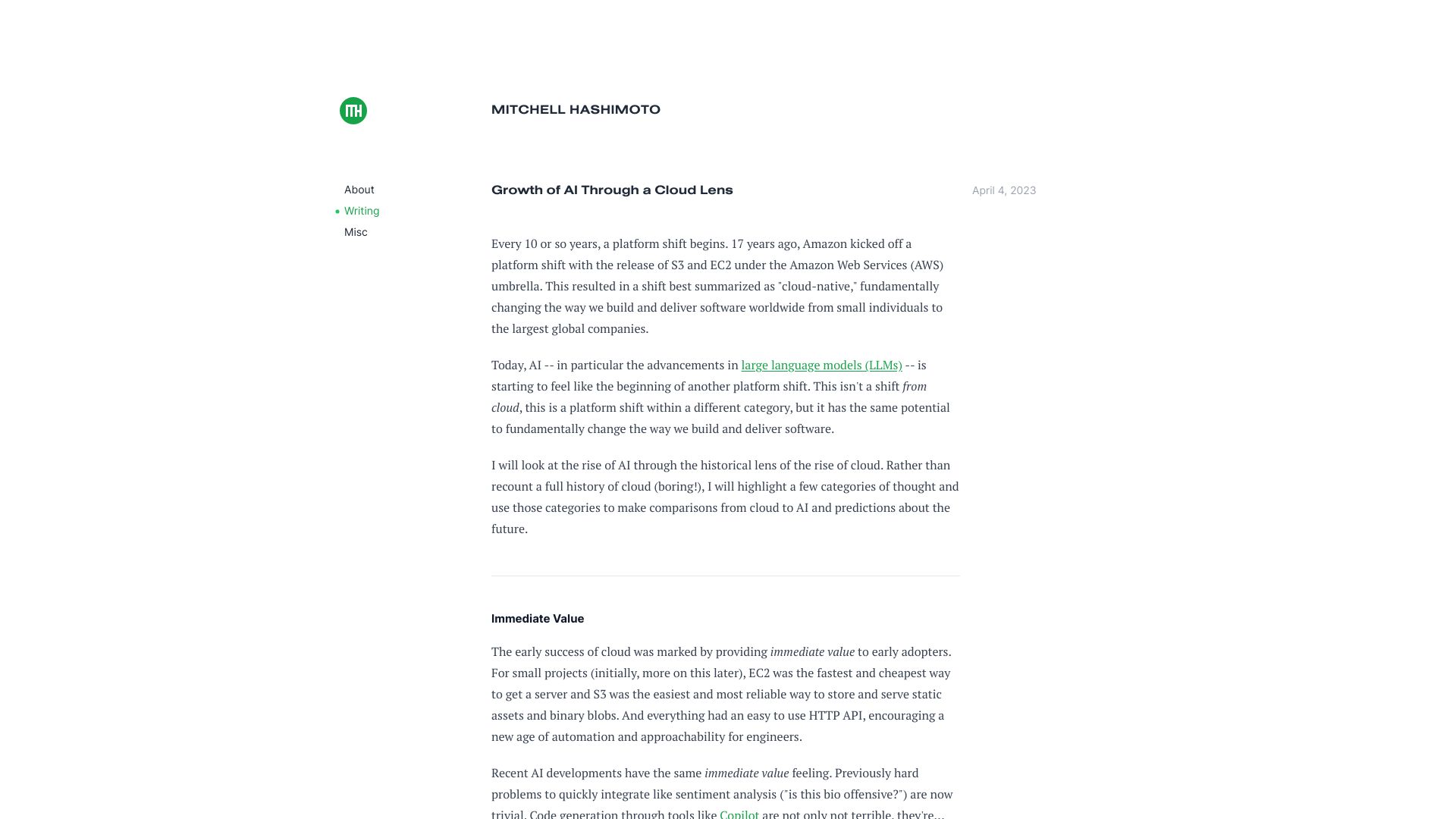 Screenshot of mitchellh.com: Growth of AI Through a Cloud Lens