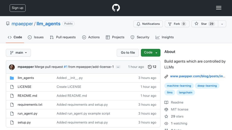 Screenshot of github.com: Build your own agents which are controlled by LLMs