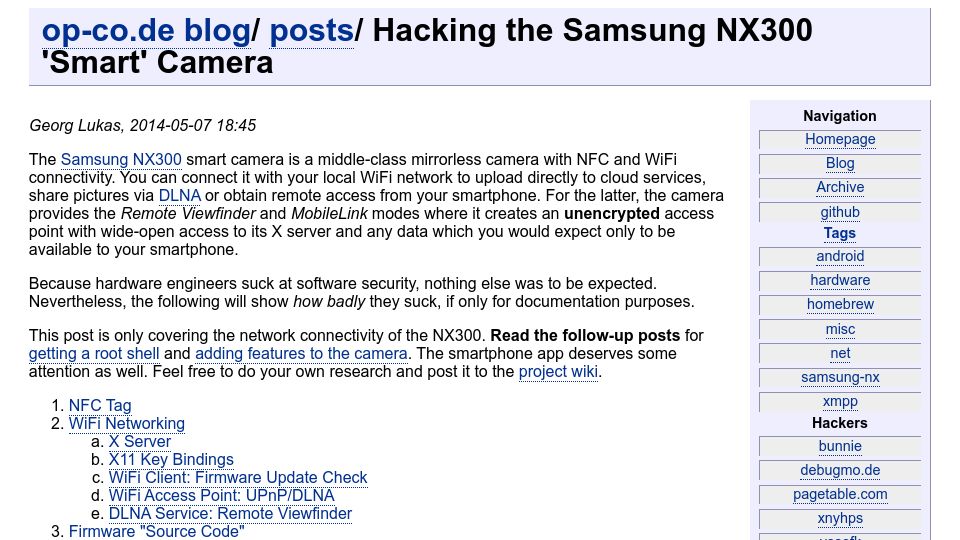 Screenshot of op-co.de: Hacking the Samsung NX300 'Smart' Camera