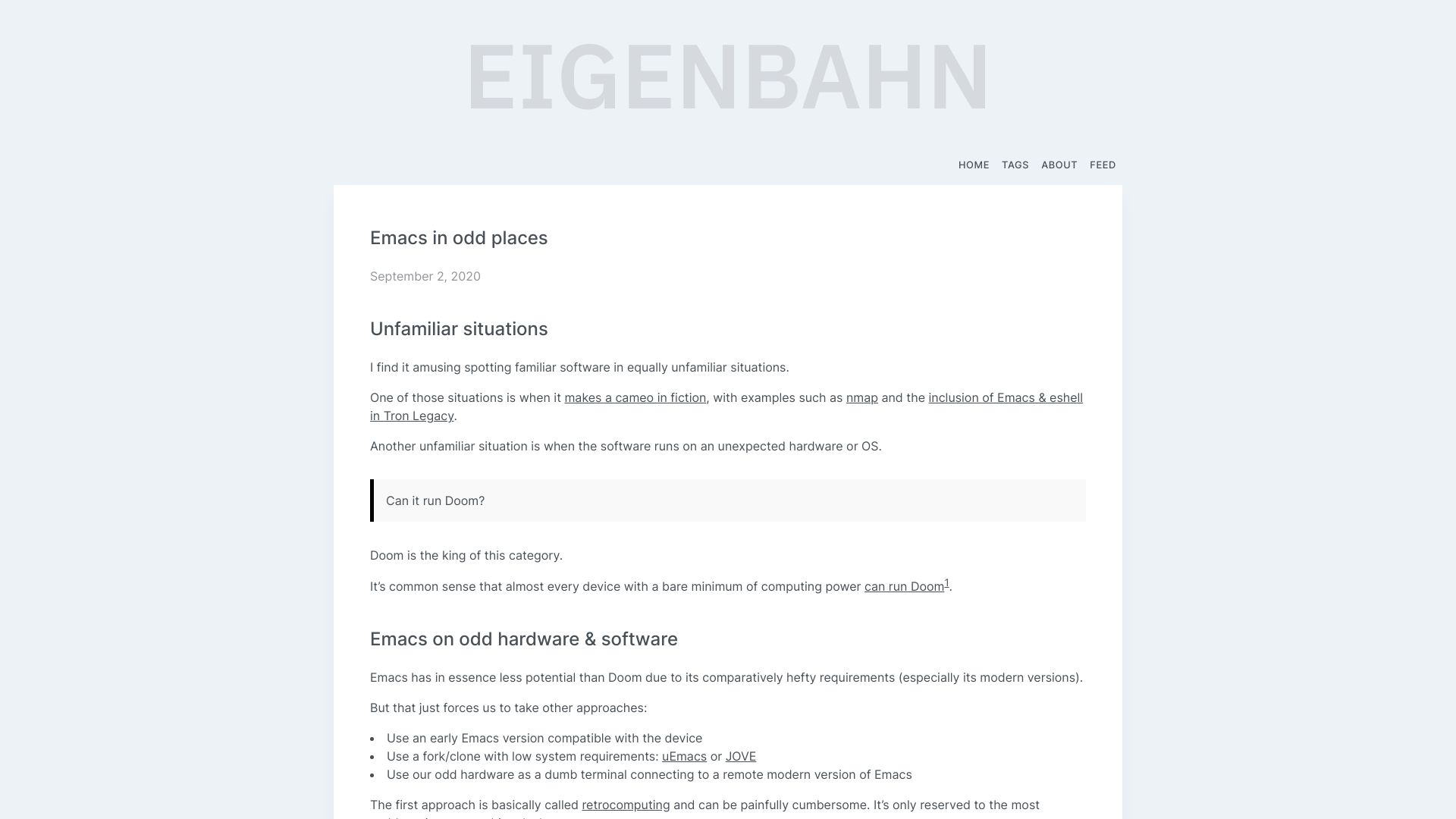 Screenshot of eigenbahn.com: Emacs in Odd Places (2020)