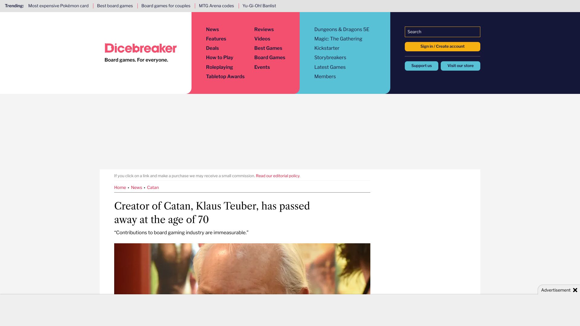 Screenshot of dicebreaker.com: Creator of Catan, Klaus Teuber, has died